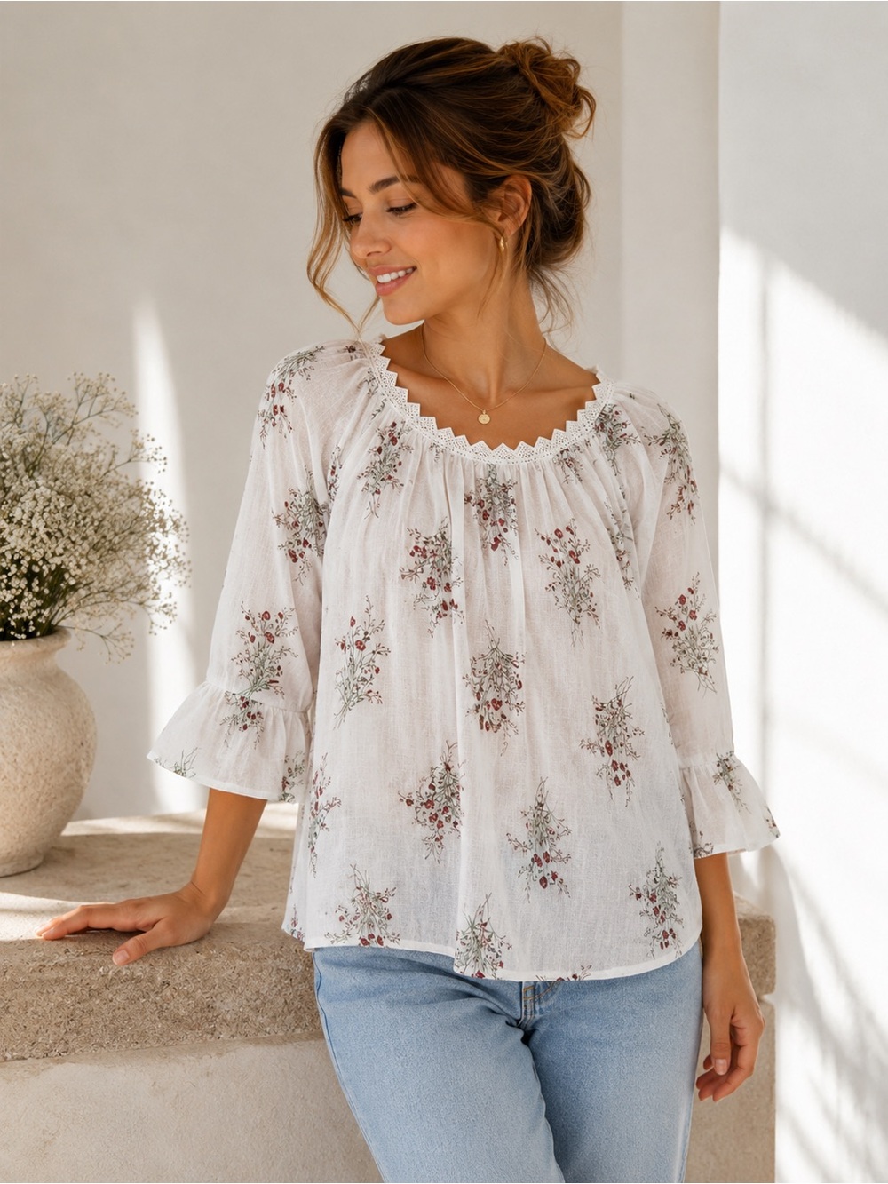 Korean Style White Floral Tie Front Top | One Size (Fits Small) | NWT